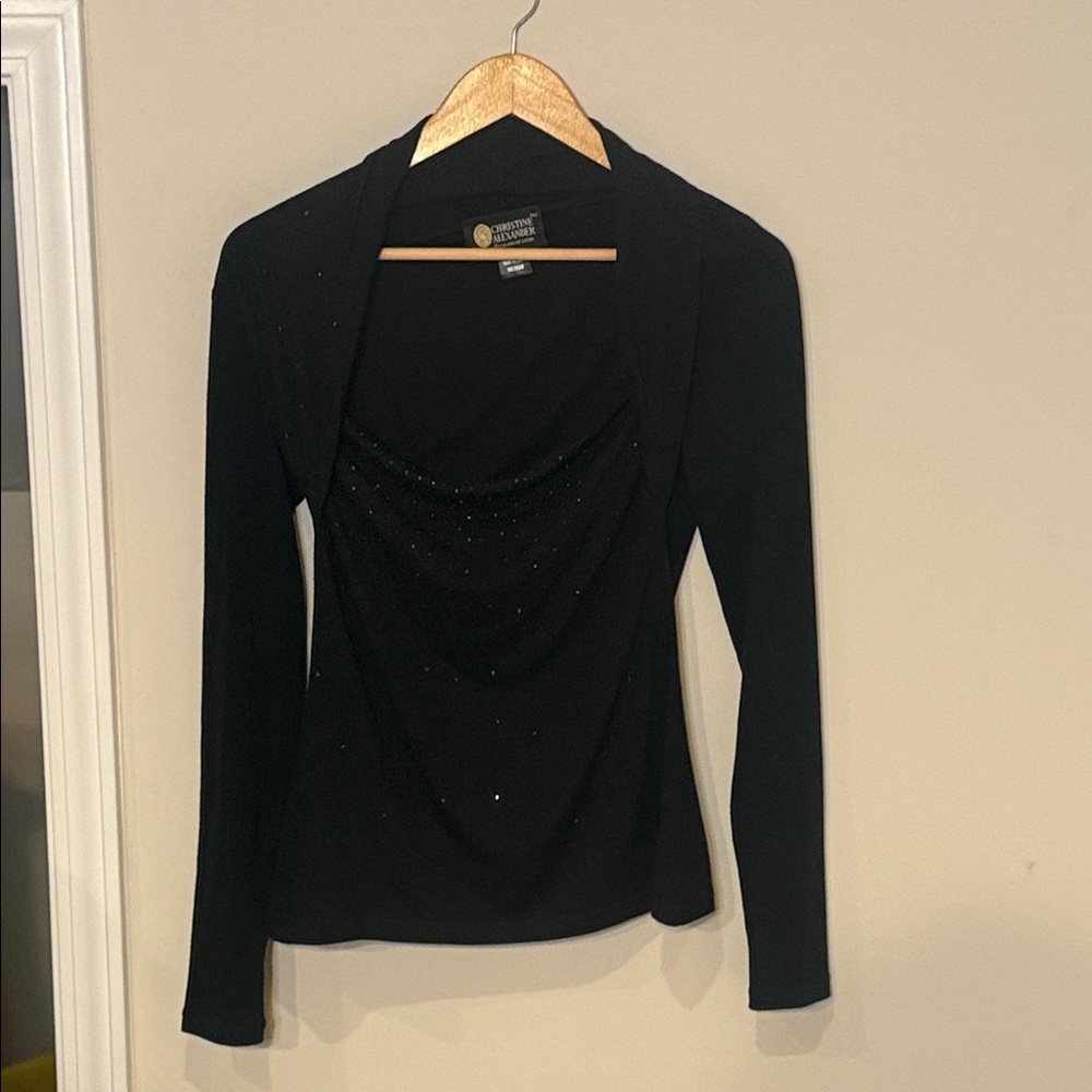 Christine Alexander Black Top with Sparkle Accents Drapey Party M